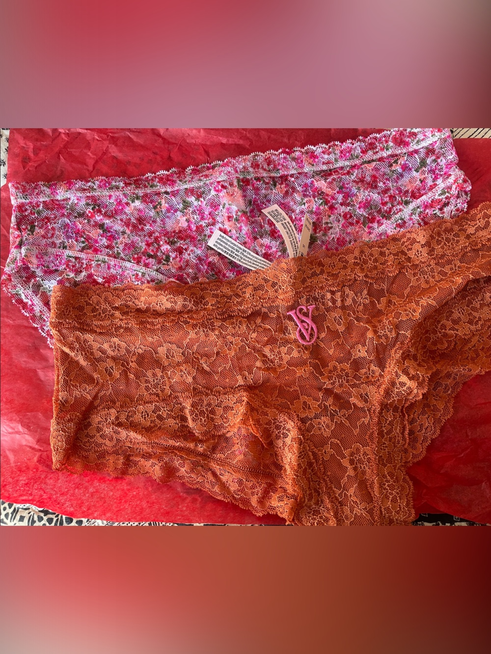 Victoria's Secret Lace Bikini Set — Burnt Orange & Floral Pink